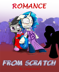 Size: 2200x2691 | Tagged: safe, artist:chopsticks, derpibooru import, dj pon-3, octavia melody, vinyl scratch, earth pony, pony, unicorn, comic:romance from scratch, alternate hairstyle, blushing, chest fluff, clothes, cover, cover art, cute, dress, duo, duo female, ear fluff, faic, female, floppy ears, pushing, text, unshorn fetlocks, vinylbetes