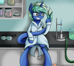 Size: 2250x2000 | Tagged: safe, artist:novaspark, oc, oc only, oc:nova spark, monster pony, original species, tatzlpony, clothes, fangs, lab coat, monster mare, patreon, patreon logo, science, solo