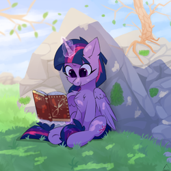 Size: 1500x1500 | Tagged: safe, artist:glazirka, derpibooru import, twilight sparkle, twilight sparkle (alicorn), alicorn, pony, book, cheek fluff, chest fluff, female, glowing horn, horn, magic, mare, reading, rock, sitting, smiling, solo, telekinesis, tree