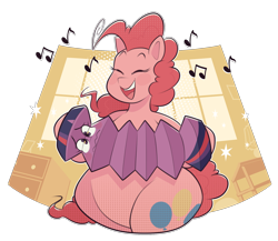 Size: 2000x1737 | Tagged: safe, artist:secretgoombaman12345, pinkie pie, twilight sparkle, earth pony, pony, accordion, blush sticker, blushing, cartoon physics, chubbie pie, chubby, cute, diapinkes, fat, female, inanimate tf, music notes, musical instrument, musician, pudgy pie, simple background, transformation, transparent, transparent background, twitem, wat