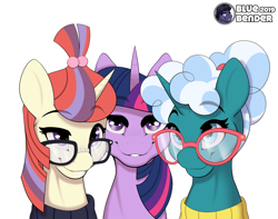 Size: 3800x3000 | Tagged: safe, artist:bluebender, bellflower blurb, moondancer, twilight sparkle, twilight sparkle (alicorn), alicorn, pony, unicorn, the point of no return, bookhorse, cute, eyebrows visible through hair, female, glasses, librarian, looking at you, mare, ponytail, simple background, smiling, text, trio, white background