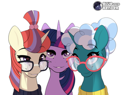 Size: 3800x3000 | Tagged: safe, artist:bluebender, bellflower blurb, moondancer, twilight sparkle, twilight sparkle (alicorn), alicorn, pony, unicorn, the point of no return, book, cute, female, glasses, librarian, looking at you, mare, ponytail, shadow, silly, simple background, smiling, text, white background, wingding eyes