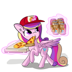 Size: 9000x9000 | Tagged: safe, artist:tjpones, derpibooru import, princess cadance, rainbow dash, alicorn, pegasus, pony, absurd resolution, cadance's pizza delivery, can, cap, cute, cutedance, ear fluff, eating, female, food, hat, magic, mare, meat, peetzer, pepperoni, pepperoni pizza, pizza box, ponies eating meat, soda, soda can, solo, telekinesis, that pony sure does love pizza