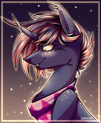 Size: 960x1167 | Tagged: safe, artist:goddamncat, derpibooru import, oc, bat pony, unicorn, cat eyes, fangs, freckles, horn, kindness, neckscarf, oc name: dusk bright, sarosian, short hair, slit eyes, smiling, smirk