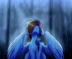 Size: 3000x2500 | Tagged: safe, artist:celes-969, derpibooru import, rainbow dash, pegasus, pony, digital art, ear down, hair over one eye, looking up, open mouth, rain, sad, solo, wet, wet mane