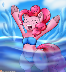 Size: 2200x2400 | Tagged: safe, artist:novaspark, pinkie pie, earth pony, pony, semi-anthro, armpits, belly button, bikini, clothes, female, frog (hoof), mare, ocean, patreon, patreon logo, solo, splash, splashing, swimming, swimsuit, underhoof, water