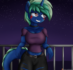 Size: 2500x2400 | Tagged: safe, artist:novaspark, oc, oc only, oc:fury spark, oc:nova spark, anthro, monster pony, original species, tatzlpony, choker, clothes, glasses, jeans, midriff, pants, ripped jeans, short shirt, solo