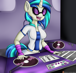 Size: 2500x2400 | Tagged: safe, artist:novaspark, dj pon-3, vinyl scratch, anthro, belly button, clothes, jacket, smiling, solo, turntable