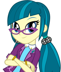 Size: 6452x7592 | Tagged: safe, artist:pink1ejack, juniper montage, equestria girls, movie magic, spoiler:eqg specials, absurd resolution, baubles, blue background, bracelet, clothes, crossed arms, female, glasses, hair tie, jewelry, lapel pin, looking at you, official, pigtails, shirt, simple background, smiling, solo, transparent background, twintails, vector