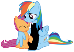 Size: 1140x800 | Tagged: safe, derpibooru import, rainbow dash, scootaloo, pegasus, pony, clothes, everything is ruined, eyes closed, female, filly, hug, mare, priest, religion, sitting, winghug