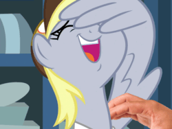 Size: 720x540 | Tagged: safe, edit, edited screencap, editor:hotkinkajou, screencap, derpy hooves, best gift ever, animated, cropped, disembodied hand, eyes closed, facewing, gif, hand, laughing, laughingmares.jpg, loop, mailmare, perfect loop, petting, solo, tickling, wing hands