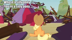 Size: 960x535 | Tagged: safe, derpibooru import, screencap, applejack, earth pony, pony, apple family reunion, barn, destruction, everything is ruined, female, image macro, mare, music notes, ruins, sad, seven songs and a story, silly, silly pony, sitting, solo, song, song reference, text, unhapplejack, who's a silly pony