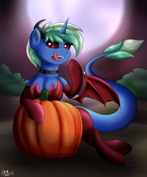 Size: 2000x2400 | Tagged: safe, artist:novaspark, oc, oc only, oc:nova spark, monster pony, original species, succubus, tatzlpony, black sclera, choker, clothes, costume, fangs, floating wings, halloween, holiday, looking at you, monster mare, moon, pumpkin, red eyes, socks, solo, wings