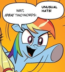 Size: 334x366 | Tagged: safe, derpibooru import, edit, idw, applejack, rainbow dash, earth pony, pegasus, pony, blonde mane, blue coat, blue wings, dialogue, everything is ruined, exploitable meme, female, hat, mare, meme, multicolored hair, open mouth, orange background, raised hoof, raised leg, simple background, smiling, speech bubble, team fortress 2, two words meme, underhoof, wings