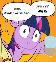 Size: 334x366 | Tagged: safe, twilight sparkle, chocolate milk, everything is ruined, exploitable meme, meme, pure unfiltered evil, spill, spilled milk, two words meme, xk-class end-of-the-world scenario