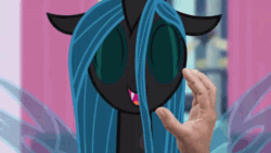 Size: 800x450 | Tagged: safe, edit, edited screencap, editor:hotkinkajou, screencap, queen chrysalis, changeling, changeling queen, pony, a canterlot wedding, adorkable, animated, bouncing, cute, cutealis, disembodied hand, dork, dorkalis, eyes closed, female, gif, hand, happy, hopping, hotkinkajou is trying to murder us, jumping, loop, open mouth, perfect loop, petting, scratching, silly, silly changeling, silly pony, smiling, solo focus