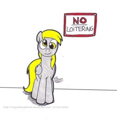 Size: 951x985 | Tagged: safe, artist:artistnjc, derpy hooves, pegasus, pony, everything is ruined, female, fuck the police, looking at you, mare, newbie artist training grounds, sign, solo, traditional art