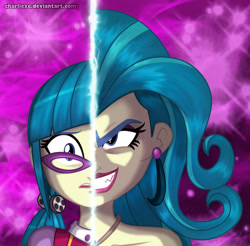 Size: 926x910 | Tagged: safe, artist:charliexe, juniper montage, equestria girls, mirror magic, spoiler:eqg specials, clothes, duality, ear piercing, earring, female, glasses, grin, jewelry, juniper monstar, looking at you, piercing, pigtails, smiling, solo, split screen, two sides