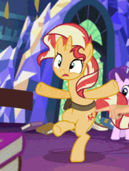 Size: 450x600 | Tagged: safe, derpibooru exclusive, edit, edited screencap, editor:hotkinkajou, screencap, starlight glimmer, sunset shimmer, pony, unicorn, equestria girls, mirror magic, spoiler:eqg specials, animated, bipedal, cropped, cute, cutie mark, disembodied hand, female, flailing, gif, hand, in the human world for too long, library, majestic as fuck, mare, motion blur, motion lines, perfect loop, saddle bag, shimmerbetes, solo focus, stumbling, twilight's castle