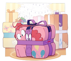 Size: 2125x1819 | Tagged: safe, artist:secretgoombaman12345, applejack, fluttershy, pinkie pie, rainbow dash, rarity, twilight sparkle, earth pony, pegasus, pony, unicorn, cartoon physics, inanimate tf, mane six, package, present, ribbon, transformation