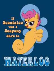 Size: 1498x1950 | Tagged: safe, artist:supra80, scootaloo, sea pony, seahorse, abstract background, female, pun, seaponified, seapony scootaloo, solo, species swap, text, waterloo