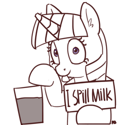 Size: 1280x1300 | Tagged: safe, artist:pabbley, twilight sparkle, pony, unicorn, chocolate, chocolate milk, everything is ruined, exploitable meme, meme, milk, partial color, pony shaming, pure unfiltered evil, shaming, simple background, solo, spilled milk, this will end in spilled milk, this will end in tears, tongue out, white background