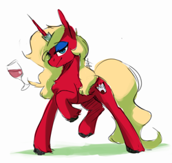 Size: 708x672 | Tagged: safe, artist:anticular, oc, oc only, oc:scarlet rose, unicorn, alcohol, blonde, blue eyes, colored sketch, crown, eyeshadow, female, jewelry, long legs, long tail, looking at you, makeup, one hoof raised, regalia, solo, tipsy, wine