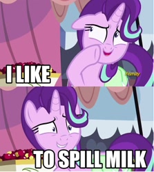 Size: 804x902 | Tagged: safe, edit, edited screencap, screencap, starlight glimmer, pony, rock solid friendship, chocolate, chocolate milk, everything is ruined, exploitable meme, image macro, meme, milk, pure unfiltered evil, solo, spilled milk, starlight's confessions