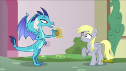 Size: 914x514 | Tagged: safe, screencap, derpy hooves, princess ember, dragon, triple threat, discovery family logo, everything is ruined, muffins fuel, pure unfiltered evil, you monster