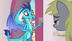 Size: 1920x1080 | Tagged: safe, edit, edited screencap, screencap, derpy hooves, princess ember, dragon, triple threat, chocolate, chocolate milk, everything is ruined, exploitable meme, food, meme, milk, pure unfiltered evil, spilled milk