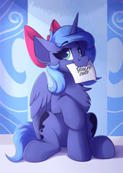 Size: 1250x1750 | Tagged: safe, artist:shadowreindeer, princess luna, alicorn, pony, bow, bronybait, card, chest fluff, cute, female, filly, hair bow, looking at you, lunabetes, mare, mouth hold, s1 luna, shadowreindeer is trying to murder us, smiling, solo, woona, younger