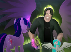 Size: 1500x1112 | Tagged: safe, artist:jaeneth, princess celestia, twilight sparkle, alicorn, human, pony, unicorn, alternate timeline, angry, crossover, everything is ruined, frown, glow, glowing eyes, glowing hands, glowing horn, gul'dan, hidden eyes, levitation, m.a. larson, magic, mannoroth, meme, open mouth, pennyroyal academy, plot, pouring, spread wings, telekinesis, thanks m.a. larson, warcraft, wide eyes, wings, world of warcraft