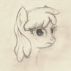 Size: 800x800 | Tagged: safe, artist:hotkinkajou, cherry berry, earth pony, pony, bust, grumpy, monochrome, pencil drawing, simple background, solo, traditional art