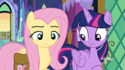 Size: 637x360 | Tagged: safe, derpibooru import, edit, edited screencap, screencap, fluttershy, twilight sparkle, twilight sparkle (alicorn), alicorn, pegasus, pony, a health of information, animated, chocolate, chocolate milk, cute, discovery family logo, everything is ruined, exploitable meme, eye shimmer, eyes on the prize, female, floppy ears, frown, gif, hoof hold, mare, meme, milk, open mouth, pure unfiltered evil, sad, saddle bag, spilled milk, talking, text, this will end in tears, wide eyes