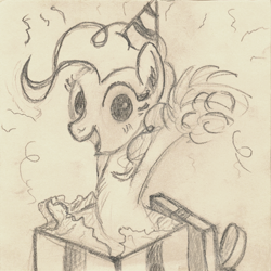 Size: 1062x1062 | Tagged: safe, artist:hotkinkajou, pinkie pie, pony, box, confetti, hat, looking at you, party hat, pencil drawing, pom pom, pony in a box, present, simple background, solo, traditional art