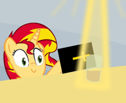 Size: 275x225 | Tagged: safe, sunset shimmer, pony, bible, chocolate milk, everything is ruined, religion