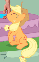 Size: 246x389 | Tagged: safe, edit, edited screencap, editor:hotkinkajou, screencap, applejack, earth pony, human, pony, a bird in the hoof, animated, apple, applejack's hat, balancing, behaving like a cat, cowboy hat, cropped, cute, disembodied hand, female, hand, hat, hotkinkajou is trying to murder us, jackabetes, mare, nuzzling, perfect loop, petting, silly, silly pony, sitting, solo focus, who's a silly pony