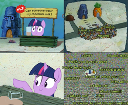 Size: 921x758 | Tagged: safe, twilight sparkle, /mlp/, bubblestand, chocolate, chocolate milk, cup, everything is ruined, exploitable meme, food, greentext, meme, milk, patty hype, pure unfiltered evil, spilled milk, spongebob squarepants, text, vulgar