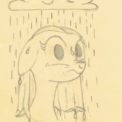 Size: 640x640 | Tagged: safe, artist:hotkinkajou, earth pony, pony, bust, drenched, female, grumpy, monochrome, pencil drawing, rain, simple background, soaked, traditional art, wet, wet mane