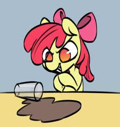 Size: 704x743 | Tagged: safe, artist:thebirdiebin, apple bloom, chocolate, chocolate milk, cute, everything is ruined, evil grin, food, meme, milk, pure unfiltered evil, solo, spilled milk, why