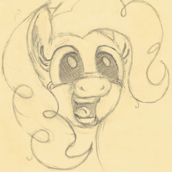 Size: 640x640 | Tagged: safe, artist:hotkinkajou, pinkie pie, earth pony, pony, bust, faic, fashion reaction, female, meme, monochrome, open mouth, pencil drawing, simple background, smiling, traditional art