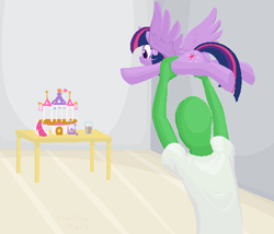 Size: 519x444 | Tagged: safe, artist:furseiseki, twilight sparkle, twilight sparkle (alicorn), oc, oc:anon, alicorn, human, pony, chocolate milk, everything is ruined, female, holding, holding a pony, let's fly to the castle, mare, meme, spilled milk, spread wings, this will end in explosions, this will end in pain, this will end in tears, throwing