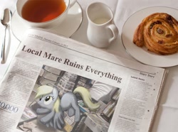 Size: 1200x892 | Tagged: safe, derpy hooves, pegasus, pony, everything is ruined, female, food, i just don't know what went wrong, irl, mare, newspaper, newspaper editor, photo, tea, the simpsons