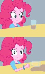 Size: 550x900 | Tagged: safe, artist:pinkiepiemike, pinkie pie, equestria girls, chocolate milk, everything is ruined, exploitable meme, looking at you, meme, pure unfiltered evil, solo, spilled milk, xk-class end-of-the-world scenario