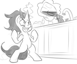 Size: 911x758 | Tagged: safe, artist:reiduran, idw, king sombra, pony, bags under eyes, bipedal, chocolate milk, colt sombra, comic, dark magic, everything is ruined, exploitable meme, faucet, laughing, magic, meme, monochrome, open mouth, pure unfiltered evil, sink, spilled milk, telekinesis