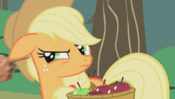 Size: 640x360 | Tagged: safe, edit, edited screencap, editor:hotkinkajou, screencap, applejack, earth pony, human, pony, applebuck season, angry, animated, annoyed, annoying, apple, basket, cute, disembodied hand, female, floppy ears, food, gif, hand, jackabetes, madorable, mare, solo focus, this will end in pain