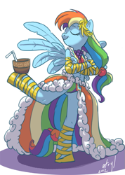 Size: 533x750 | Tagged: safe, artist:atryl, derpibooru import, rainbow dash, anthro, pegasus, unguligrade anthro, balancing, belly button, clothes, dress, eyes closed, female, gala dress, grand galloping gala, midriff, panties, rainbow underwear, simple background, solo, striped underwear, underwear, white background