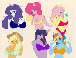 Size: 900x693 | Tagged: safe, artist:neme303, derpibooru import, applejack, fluttershy, pinkie pie, rainbow dash, rarity, twilight sparkle, anthro, earth pony, pony, applerack, belly button, blue underwear, bra, breasts, cleavage, clothes, female, green underwear, headlight sparkle, hootershy, mane six, orange underwear, pinkie pies, purple underwear, rainboob dash, rainbuff dash, raritits, red underwear, ribbon, sports bra, underwear, yellow underwear