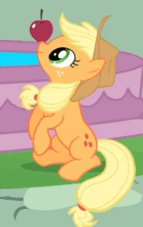 Size: 246x389 | Tagged: safe, screencap, applejack, earth pony, pony, a bird in the hoof, animated, apple, applejack's hat, balancing, cowboy hat, cute, female, food, hat, jackabetes, mare, perfect loop, ponies balancing stuff on their nose, silly, silly pony, sitting, solo, that pony sure does love apples, who's a silly pony
