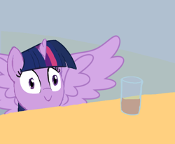 Size: 550x450 | Tagged: safe, twilight sparkle, twilight sparkle (alicorn), alicorn, pony, chocolate milk, everything is ruined, exploitable meme, female, glass, mare, meme, milk, pure unfiltered evil, spill, spilled milk, wings